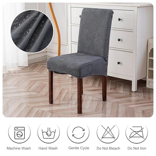 Genina Waterproof Dining Chair Covers Set of 6,Stretch Dining Room Chair Slipcovers with Leaf Jacquard,Removable Kitchen Chair Protector for Home,Restaurant,Banquet-Dark Grey - Thumbnail 6