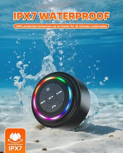 Waterproof Bluetooth Shower Speaker, Portable Wireless Speaker with Suction Cup, Small Portable Wireless Outdoor Speakers, 6 Mode RGB Lights, for Shower Bathroom Pool Beach, Gift Ideas for Christmas - Thumbnail 5