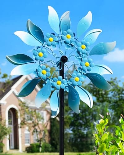 Cyan Oasis Wind Spinners Outdoor, Large Metal Garden Wind Spinners with Stake, Kinetic Windmill for Yard, Lawn, Patio, Backyard, Gift Ideas for Garden Lovers (15'' W x 71'' H)