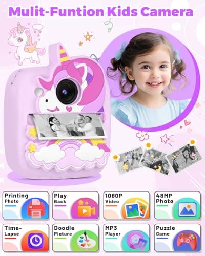 Kids Camera Instant Print, Christmas Birthday Gifts for Gils Age 3-8, 48MP &1080P Children Camera with Silicone Cover, Portable Toy Instant Camera for Kids 3 4 5 6 7 8 9 10 Year Old Girls - Thumbnail 3