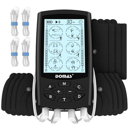DOMAS TENS Unit with 4 Channel Outputs, TENS EMS Unit Muscle Stimulator for Back Pain Relief, Portable & Rechargeable Nursing Machine Device with 24 Modes Electronic Pulse Massager & 16 Pads