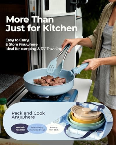 Stackbear Ceramic Cookware Set, Detachable Handle Pots and Pans Non Stick, 12-Piece Camping Cooking Set Nonstick with Storage Bag, Anti-Scratch Pads, PFOA Free, RV Camping Essentials - Thumbnail 3