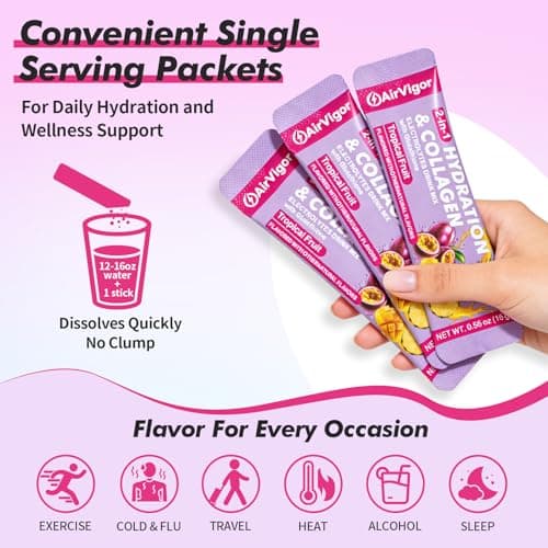 AirVigor Electrolyte Powder Packets, 10G Collagen Hydration Packets, Sugar Free Daily Electrolyte Hydration Recocery Drink Mix with 5 Vitamins & Glutathione, Joint Skin Muscle Support, Keto, Tropical - Thumbnail 6