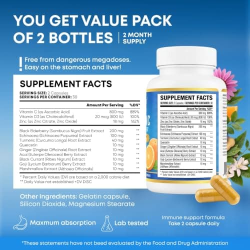 12 in 1 Immune Support Supplement - Immune Defense Vitamins w/VIT D3, Vitamin С, Zinс, Echinacea, Elderberry, Ginger &More - Natural Immunity System Booster - Immune & Muscle Health 120cs - Thumbnail 4