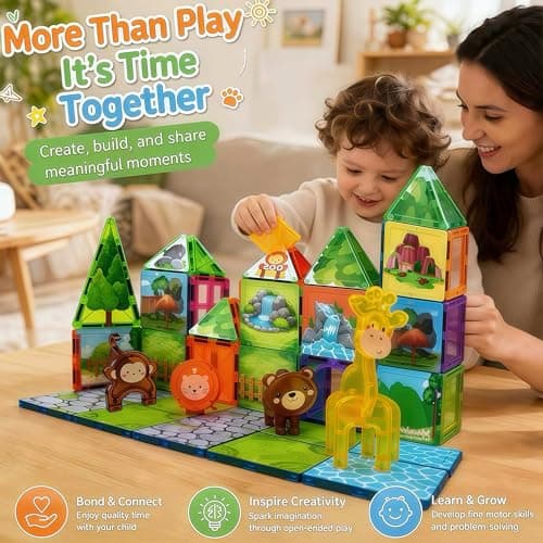 LATI Magnetic Tiles Building Set, Zoo World Animal Magnet Blocks with Giraffe, Lion & Bear, STEM Build & Play Toy for Kids Ages 3-8, Educational Gift for Boys & Girls - Thumbnail 2