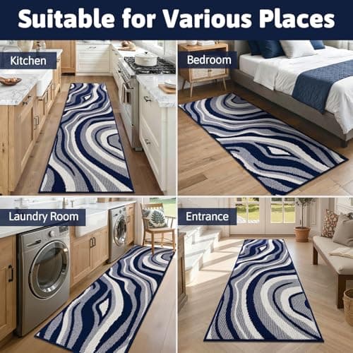 Yamaziot Washable Hallway Runner Rug 2x8 – Non Slip Modern Abstract High-Low Textured Kitchen Runner Rug, Boho Carpet Runner for Kitchen, Entryway, Bedroom, Laundry, Navy Blue - Thumbnail 4