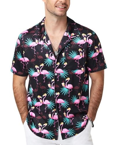 SEAOYOZO Hawaiian Shirt for Men Short Sleeve Tropical Button Down Floral Holiday Beach Vacation Shirts Stretchy Breathable Wrinkle Free L Flamingo Black Print - Image 1
