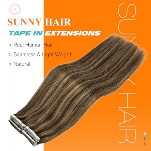 Sunny Hair Tape in Hair Extensions Human Hair 14 Inch Remy Hair Extensions Tape ins for Women Dark Brown Highlight Caramel Blonde Hair Extensions Real Human Hair Tape Ins 20Pcs 50g - Thumbnail 2