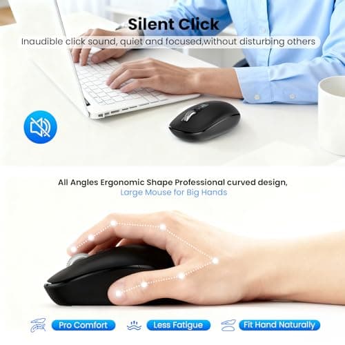Wireless Bluetooth Mouse,USB+BT×2,Multi Device Ergo Full Size Mouses-big Hand,Metal 4-Way Super Scrolling,± 3000 DPI,10 Buttons,Plug&Play,Quiet,w/ 2 Batteries,Mice for Laptop,Computer,Tablet,Mac,iPad - Thumbnail 5