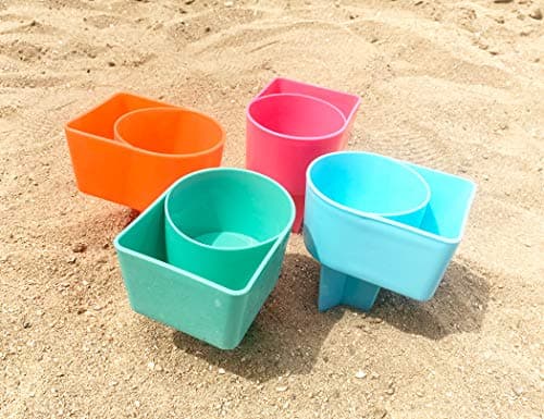 Home Queen Beach Cup Holder with Pocket, Multifunctional Sand Cup Holder for Beverage Phone Sunglass Key, Beach Accessory Drink Sand Coaster, Set of 4 (Teal, Orange, Blue and Pink) - Thumbnail 5