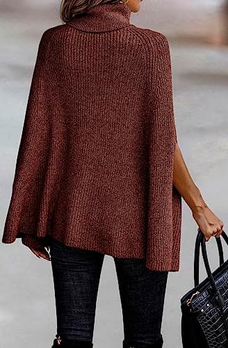 KIRUNDO Women's 2026 Fall Winter Turtleneck Poncho Sweater Fashion Chunky Knit Cape Wrap Sweaters Pullover Jumper Tops(Red Brown, Small) - Thumbnail 5