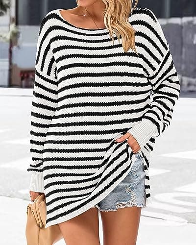 KIRUNDO Women's 2026 Fall Winter Oversized Long Sleeve Striped Sweater Casual Crewneck Side Split Pullover Knit Tops(Beige White, Medium) - Thumbnail 2