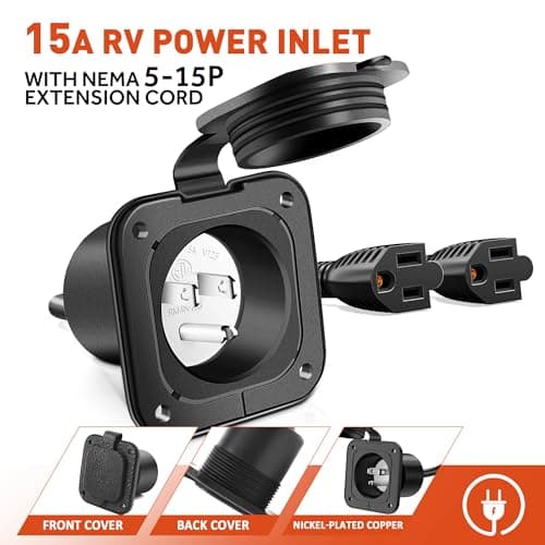 15 Amp 125V AC Power Inlet Port Plug with Dual Extension Cords, NEMA 5-15P RV Flanged Inlet Y Splitter Cable, RV Shore Power Inlet ETL Listed AC Port for RV Camper Generator Shed Motorhome Van - Thumbnail 2