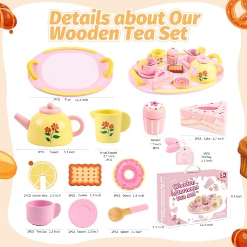 Tea Party Set Wooden Tea Sets for Toddlers 3-5 Play Food Pretend Play Toys Kids Tea Set for Girls 6-8 Birthday Gift Wooden Tea Party Set for Little Girls 3 4 5 6 Years Old Outdoor Tea Time Game - Thumbnail 2
