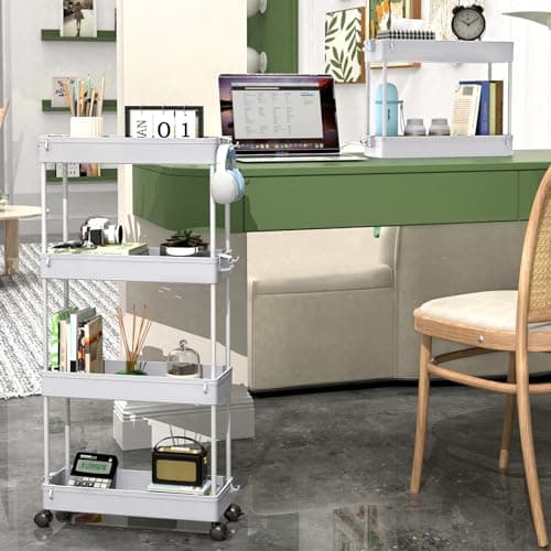 SPACEKEEPER Slim Rolling Storage Cart 4 Tier Bathroom Organizer Mobile Shelving Unit Storage Rolling Utility Cart Tower Rack for Kitchen Bathroom Laundry Narrow Places, Gray - Thumbnail 6