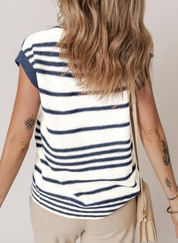 Dokotoo Sweater Vest Women Striped V Neck Button Vest for Women Open Front Womens Vest Top Trendy Womens Sweaters Blue Medium - Thumbnail 2
