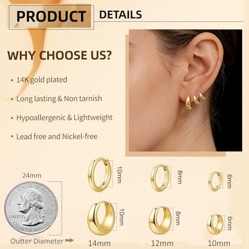 ALLHOLA 6 Pairs 14K Gold Plated Hoop Earrings for Women Hypoallergenic Small Huggie Hoops Earring Set for Sensitive Ears Non Tarnish Trendy Chunky Gold/Silver Earrings Cartilage Stacks for Multiple Piercing Jewelry Lightweight (Gold hoops) - Thumbnail 6