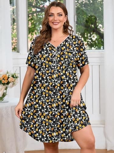 AusLook Plus Size Floral Nightgown for Women Midi Sleep 1X Dress Short Sleeve V Neck Flowy Lounge House Dress Casual Printed Night Dress - Thumbnail 2