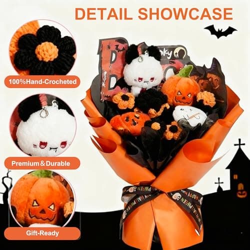 FLOLVISOU Halloween Crochet Bouquet Handmade Black and Orange Floral Arrangement with Plush Pumpkins and Ghosts Home Table Decor Unique Gift for Women and Kids - Thumbnail 4