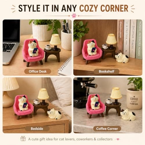 Edyocey Miniature Cat Figurines Set, 4-Piece Resin Cat with Sofa & Lamp, Cute Desk Decor for Office & Home, Gift for Cat Lovers (Cat) - Thumbnail 4