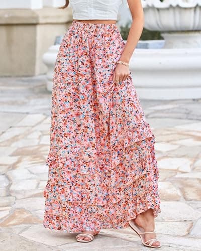 BTFBM Skirts for Women Summer Flowy A-Line Floral Boho Maxi Skirt Long Wedding Guest Dresses Spring Outfits 2026(Floral Pink,X-Large) - Thumbnail 3
