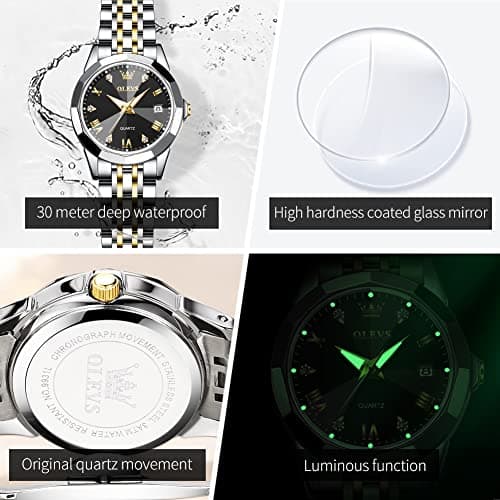 OLEVS Watch Women Black Face Gold and Silver Watches for Women Waterproof Luxury Two Tone Stainless Steel Ladies Watches for Small Wrists Vintage Analog Quartz Womens Watch with Date Reloj para Mujer - Thumbnail 5