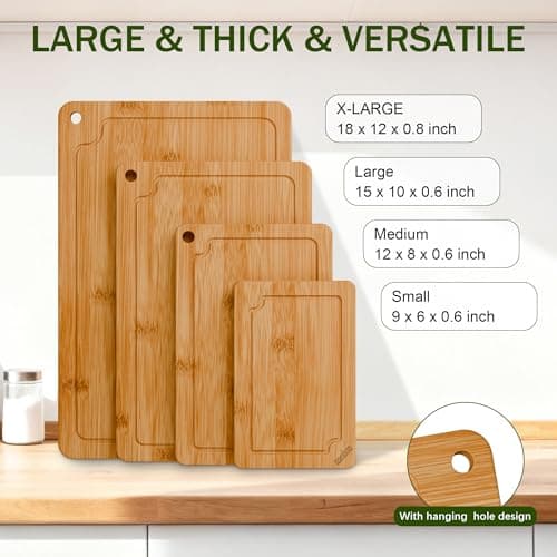 Bamboo Cutting Boards for Kitchen, 4-Piece Wood Cutting Board Set with Juice Grooves & Built-in Handles, Easy Storage & Clean Chopping Board for Meat, Vegetables, Fruit - Thumbnail 4