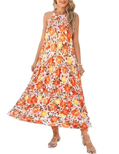 GRACE KARIN Women's Boho Maxi Dress Casual Summer Loose Long Floral Sundresses Flowy Halter Tiered Beach Vacation Dresses for Women Orange Medium Large Flowers XL - Image 1
