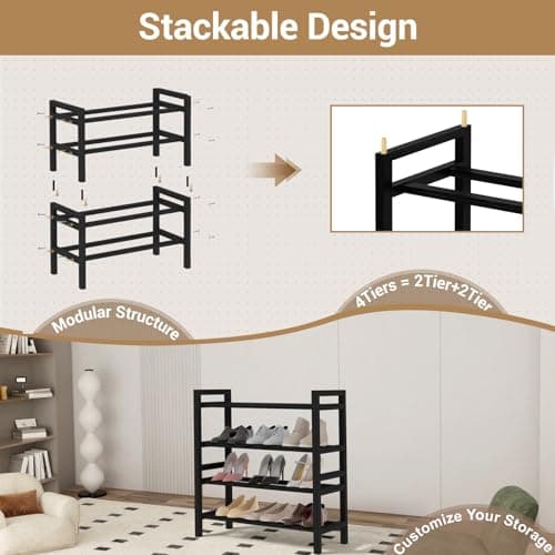 Haddockway Bamboo Shoe Rack for Closet, Free Standing Shoe Organizer with Smooth Round Rods & Convenient Handles, Stackable Shoe Storage Shelf for Entryway, Hallway(Black, 4-Tier(Small)) - Thumbnail 4