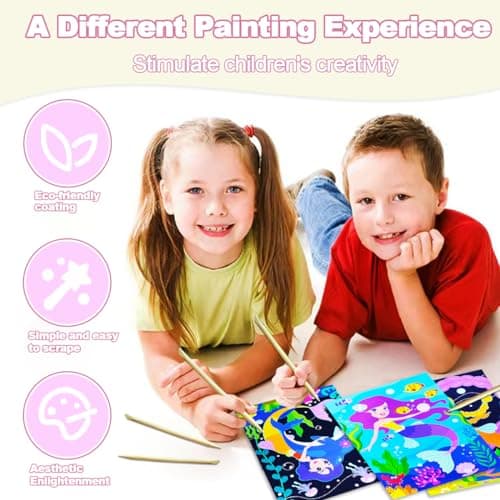 BAOXUE Scratch Art for Kids, Mermaids Black Rainbow Scratch Paper Set-Arts And Crafts & Supplies, DIY Activity & Party Games, Mermaid Toys Gifts for Toddlers, Girls - Thumbnail 4