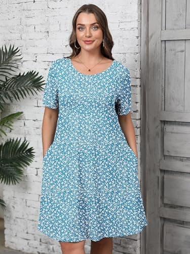 AusLook Plus Size Floral Midi Dress for Women Casual Summer Short Sleeve A Line Swing 3X Dress with Pockets Round Neck Flowy Knee Length T Shirt Vacation Beach Sundress - Thumbnail 3