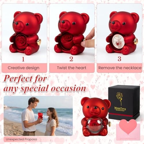 mountova Romantic Teddy Bear with Preserved Rose, Real Rose in Elegant Gift Box with Necklace for Women, Bear Roses Gifts for Mother's Day,Weddings,Valentine's Day,Anniversary,Birthday, Red - Thumbnail 4