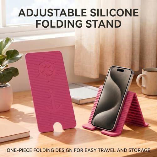 Adjustable Foldable Silicone Phone Stand 2-Pack, Rose Red, with Charging Port, Non-Slip Desk Holder for iPhone, Samsung, Tablets - Thumbnail 5