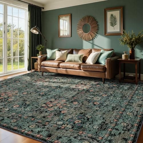 Boho Dark Green Floral Area Rug 8x10 for Living Room, Washable Farmhouse Moody Rug for Bedroom, Dining Room Under Table, Cottage Core Distressed Low Pile Non Slip Carpet, Soft Large Mat - Thumbnail 6