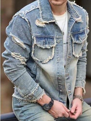 Huang's Men's Denim Jacket with Distressed Ripped Details Classic Fit Non - Stretch Fabric Cool Stylish Caual Coat (US, Alpha, XX-Large, Regular, Regular, Y043) - Thumbnail 6
