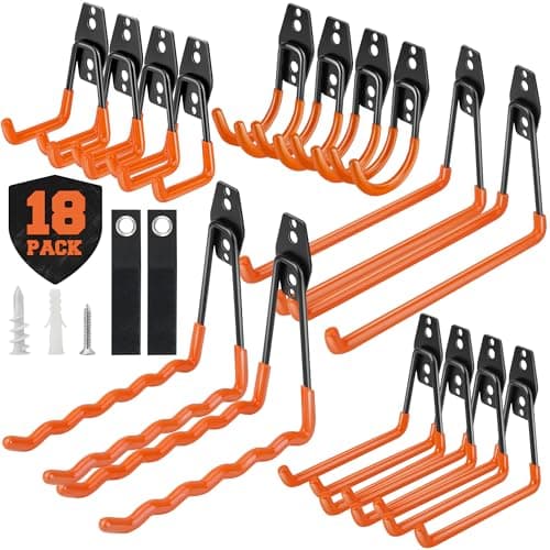 Nacial 18 Pack Garage Hooks Heavy Duty, Utility Steel Garage Storage Hook with 2 Extension Cord Storage Straps, Utility Garage Wall Mount Hooks for Hanging Bike, Ladder and Garden Tools, Orange - Image 1