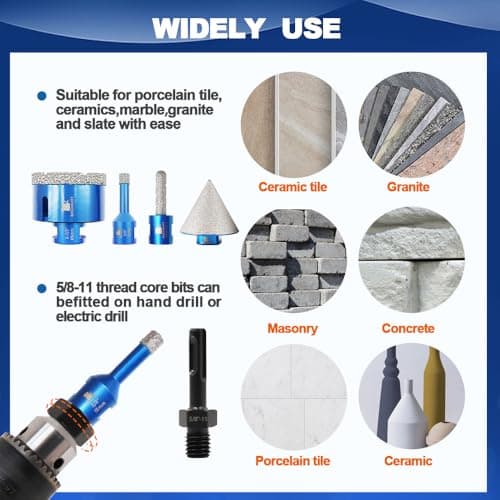 Diamond Core Drill Bit Set for Porcelain Tile Ceramic Marble Granite Drilling,BRSCHNITT 9pcs Vacuum Brazed Diamond Hole Saw with 5/8-11 Thread （1/4" 3/8" 4/5" 1-3/8" 2" 2-1/2"） - Thumbnail 3