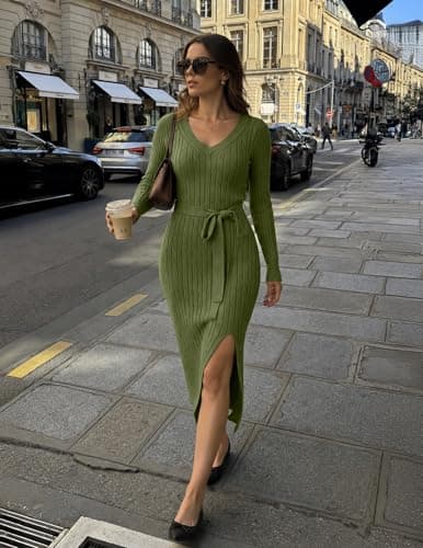 MEROKEETY Women's Winter Spring Long Sleeve Sweater Dress 2026 Fall V Neck Cable Knit Slit Bodycon Midi Dresses, Green, M - Thumbnail 3