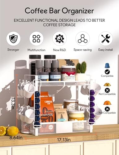Coffee Mug Holder Bar Organizer - 2 Tier Coffee Cup Holder for Countertop, Multifunction Coffee Station Organizer with 12 Hooks, 2 Coffee Pod Holder, 2 Coffee Spoon Holder, for Kitchen, Office - Thumbnail 2