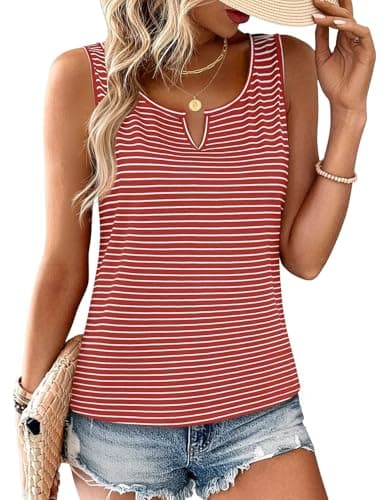 JUSTFASHIONNOW Sleeveless Striped Tank Tops for Women V Neck Tshirts Cute Summer Tops Dressy Casual Blouses 2026 Resort Wear (Striped Red, Large) - Image 1