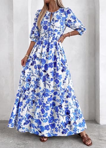 KIRUNDO Summer Dresses for Women 2026 Spring Wedding Guest Boho Floral 3/4 Sleeve Beach Vacation Cruise Flowy Maxi Dress(Blue, Small) - Thumbnail 3
