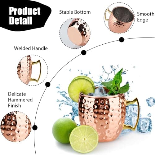 TJ Moscow Mule Mugs Set of 4, Rose Hammered Mule Cup 17 oz, Stainless Steel Lining Brass Handles Mug Set, Copper Mugs, Mule Mugs, Moscow Mule Kit Gift for Cold Drinks Cocktail Beer Wine Party Bar - Thumbnail 3