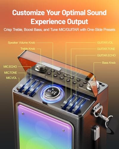 Metfut Karaoke Machine for Adults with 2 Wireless Microphones & Guitar Input, Professional Bluetooth 5.3 Speaker, Portable Wooden Karaoke PA System with Bass/Treble Adjustable for Backyard, Home Party - Thumbnail 2