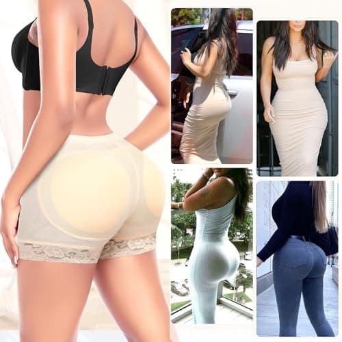 Padded Underwear for Women Butt Lifter Panties Booty Pads Butt Enhancer Lace Boyshorts Shapewear (#1 Beige-mid Waisted X-Small) - Thumbnail 5
