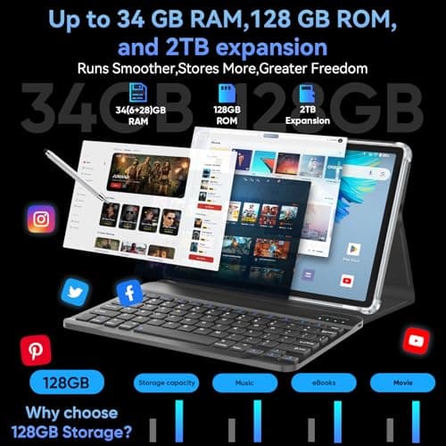 HNVHNV Android 16 Tablet 11 inch Tablets with Keyboard, 34GB+128GB+2TB Expand, 2.2 GHz Octa-Core, 90Hz IPS Display, Gemini AI, 8000mAh, WiFi 6, GPS, 2-in-1 Tablet with Case, Mouse, Stylus (Black) - Thumbnail 3