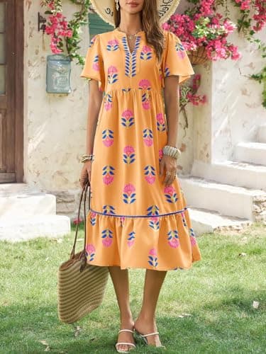 Wenrine Womens Summer Floral Midi Dress Casual Short Sleeve V Neck Flowy Ruffle Boho Beach Sundress with Pockets Orange - Thumbnail 4