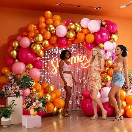 Pink Orange Balloon Garland, Double Stuffed Hot Pink Dark Magenta Balloon Arch Kit Metallic Gold Latex Balloons for Mother's Day Birthday Wedding Baby Shower Tropical Party Decorations - Thumbnail 6