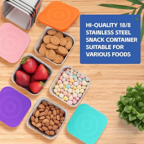 Kitlead Set of 8 Stainless Steel Snack Containers for Kids and Toddler;Snackle Box Container;Leak Proof Stackable Small Metal Food Containers with Silicone Lids - Thumbnail 3