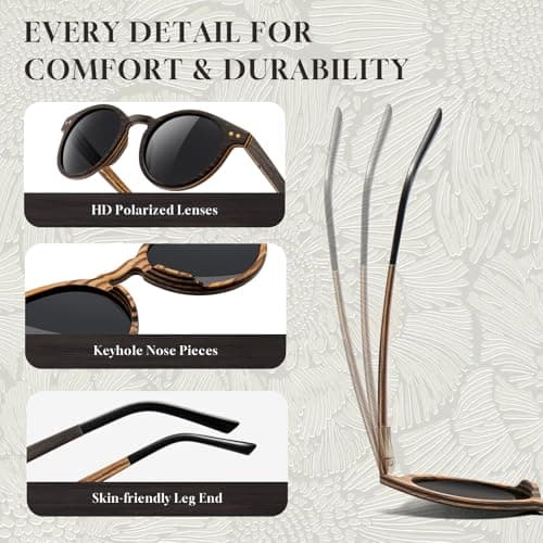 SUNGAIT Round Wood Polarized Sunglasses Women Men Vintage Retro Oak Walnut Rosewood Wooden Shades UV Protection (Oak Zebra Wood/Grey Lens) - Thumbnail 4