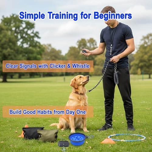 Dog Training Starter Kit for Beginners, 5-Piece Puppy Training Set with Reflective Leash, Clicker, Adjustable Whistle, Collapsible Slow Feeder Bowl and Poop Bag Holder, New Dog Owner Essentials - Thumbnail 4
